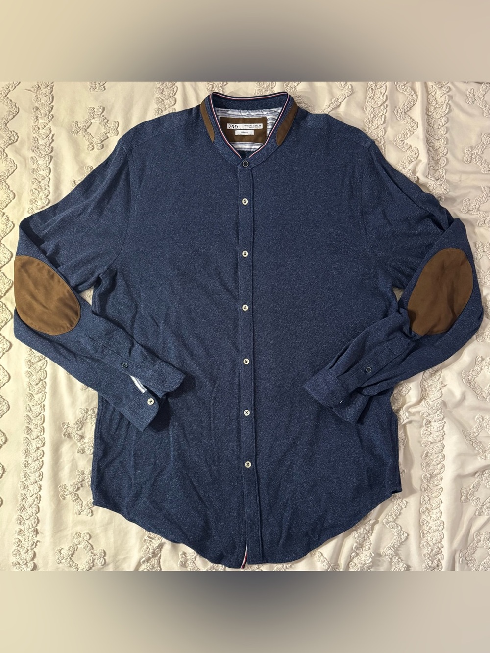 Zara Navy Blue Casual Button-Down Shirt with Brown Elbow Patches